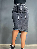 Юбка женская джинсовая Vanver 82038 резинка шнурок с разрезом вареная миди черная, черный, З2, 32, 87 см, 110 см