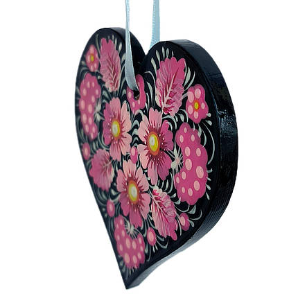 Дерев'яна підвіска "Серце, чорне, рожеві квіти" 7,5*7,5 см., з петриківським розписом, ручної роботи., фото 2