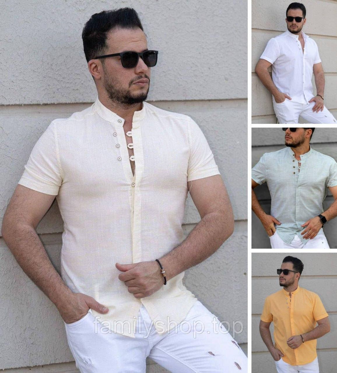 Чоловіча стильна сорочка з коротким рукавом легка бавовна комір-стійка Туреччина, бежева, біла, жовтогаряча, фото 1