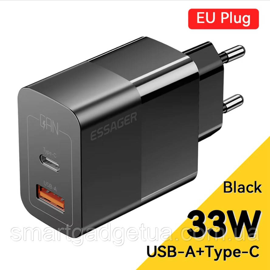 Мережевий зарядний пристрій Essager Pinchen 33W Travel Phone Charger / USB A + TYPE C / EU / Black, фото 1