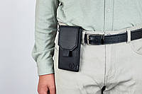 Чоловічий шкіряний чохол для смартфона і картки/ Чохол футляр для телефону з металевою кліпсою для ременя/ Чорний чохол