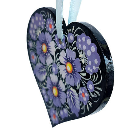Дерев'яна підвіска "Серце, чорне, фіол.квіти" 7,5*7,5 см., з петриківським розписом, ручної роботи., фото 2