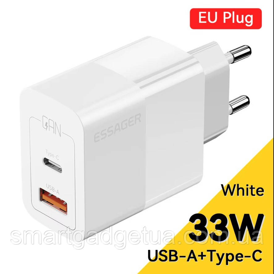 Мережевий зарядний пристрій Essager Pinchen 33W Travel Phone Charger / USB A + TYPE C / EU / White, фото 1