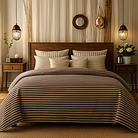 Постельное белье Дуэт Коричнево-Молочная Бязь страйп - Семейный на резинке 180х200х25 см