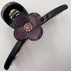 Краб для волосся пластик пвх глянсовий із квіточкою в стразах темно-фіолетового кольору довжина 4 см ширина 11 см