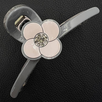 Краб для волосся пластик пвх глянсовий у стразах сірий із пудрою рожевим квітником довжина 4 см ширина 11 см, фото 1