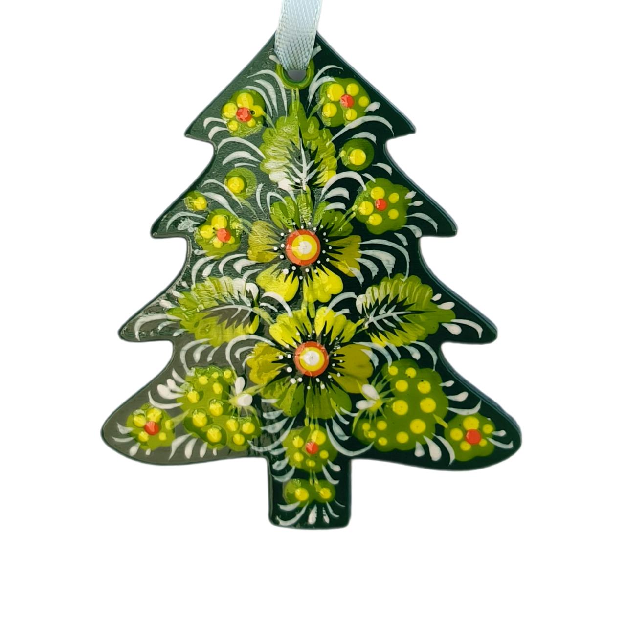 Фанерна підвіска "Ялинка, зелена" 8*9,5 см., з петриківським розписом, ручної роботи.