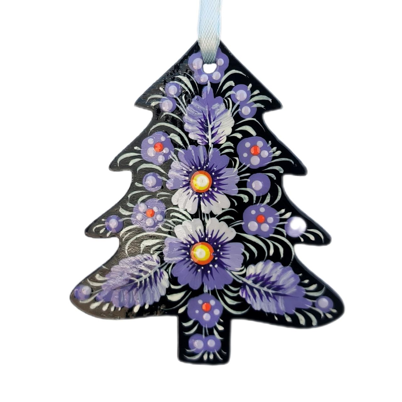 Фанерна підвіска "Ялинка, чорна" 8*9,5 см., з петриківським розписом, ручної роботи.