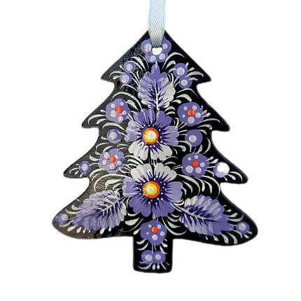 Фанерна підвіска "Ялинка, чорна" 8*9,5 см., з петриківським розписом, ручної роботи., фото 1