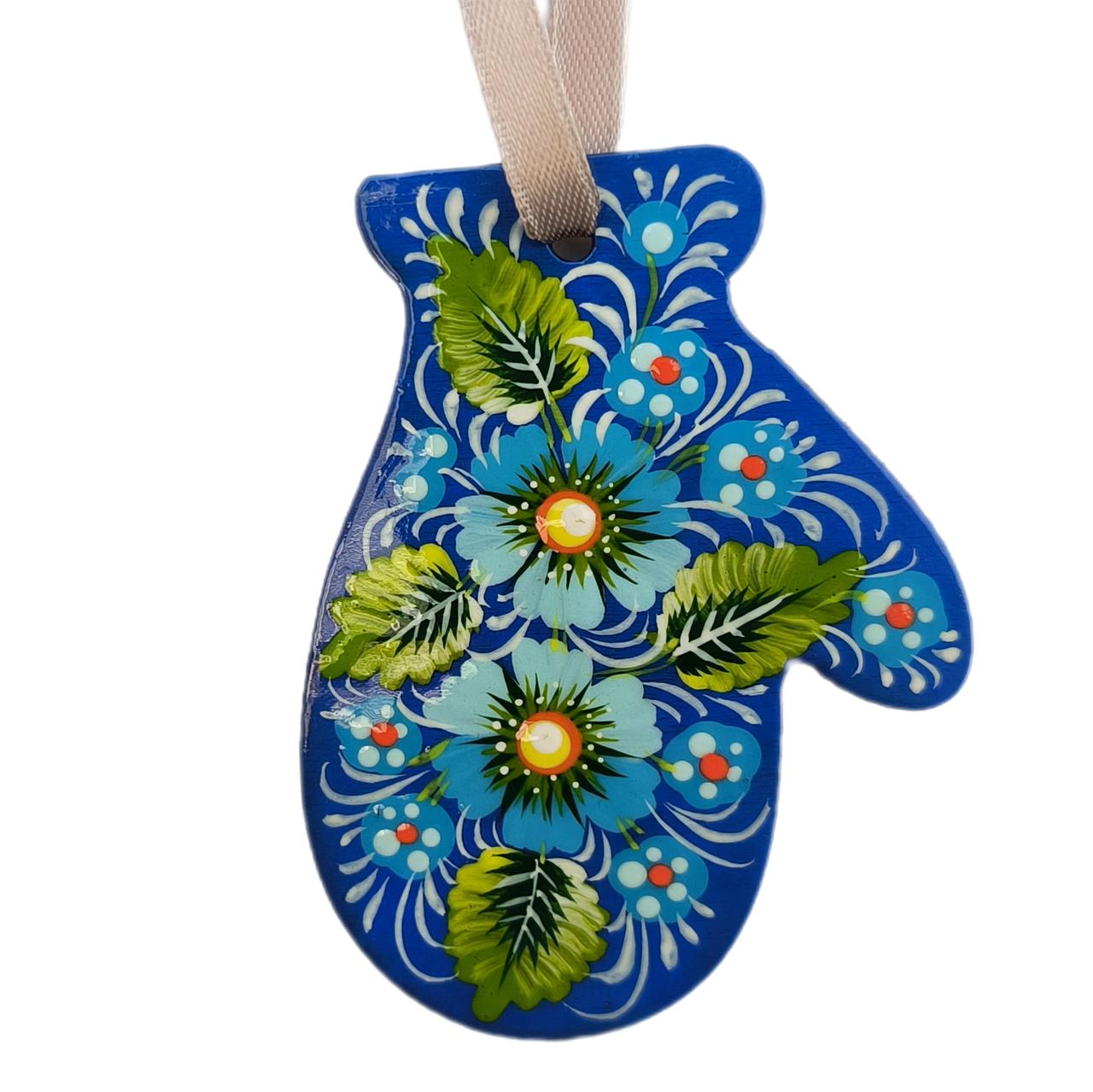 Фанерна підвіска "Рукавичка, синя" 6,5*8,5 см., з петриківським розписом, ручної роботи.