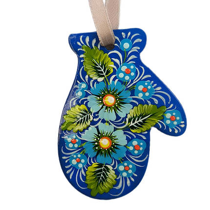 Фанерна підвіска "Рукавичка, синя" 6,5*8,5 см., з петриківським розписом, ручної роботи., фото 1