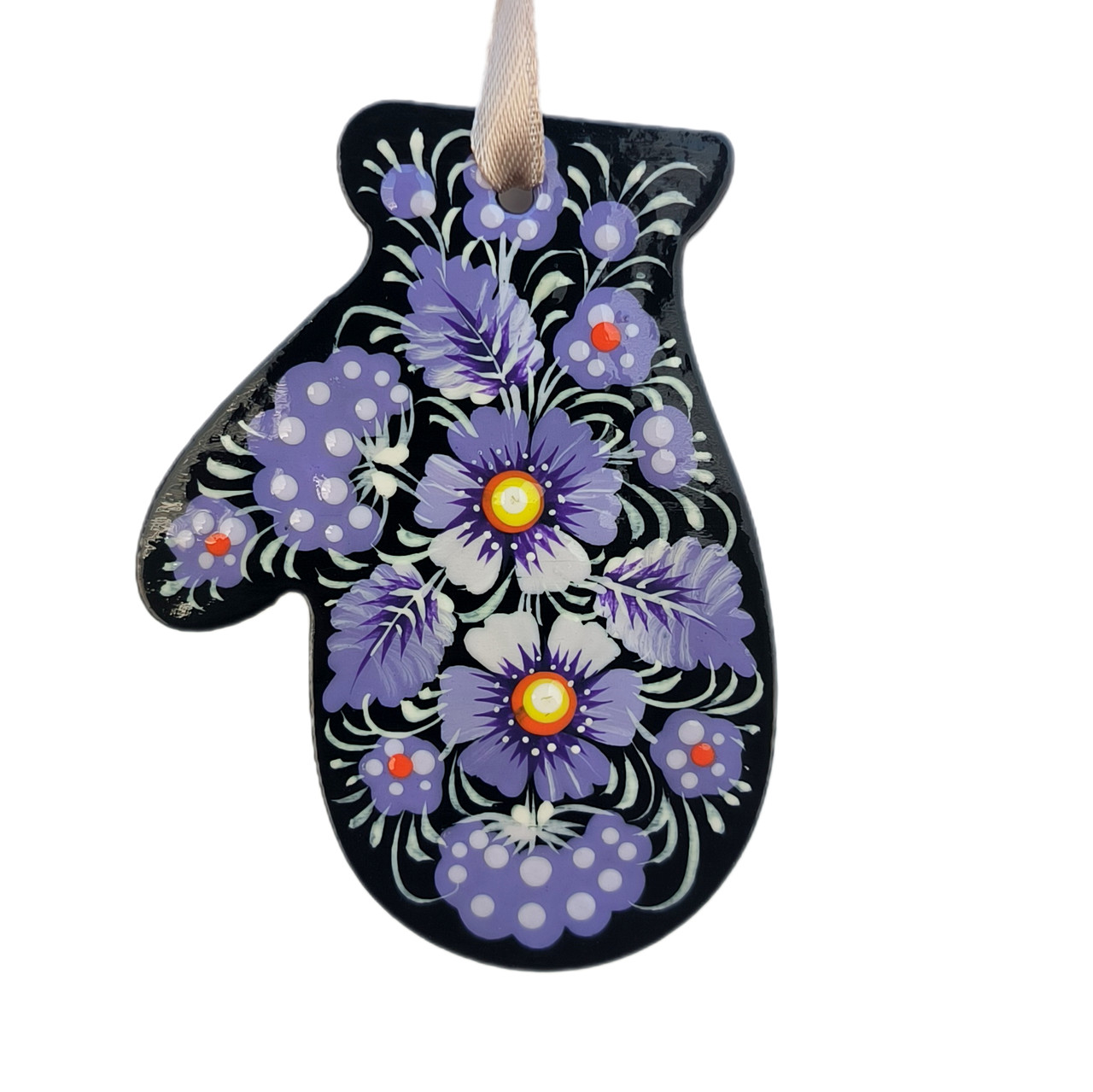 Фанерна підвіска "Рукавичка, чорна, фіол. квіти" 6,5*8,5 см., з петриківським розписом, ручної роботи.