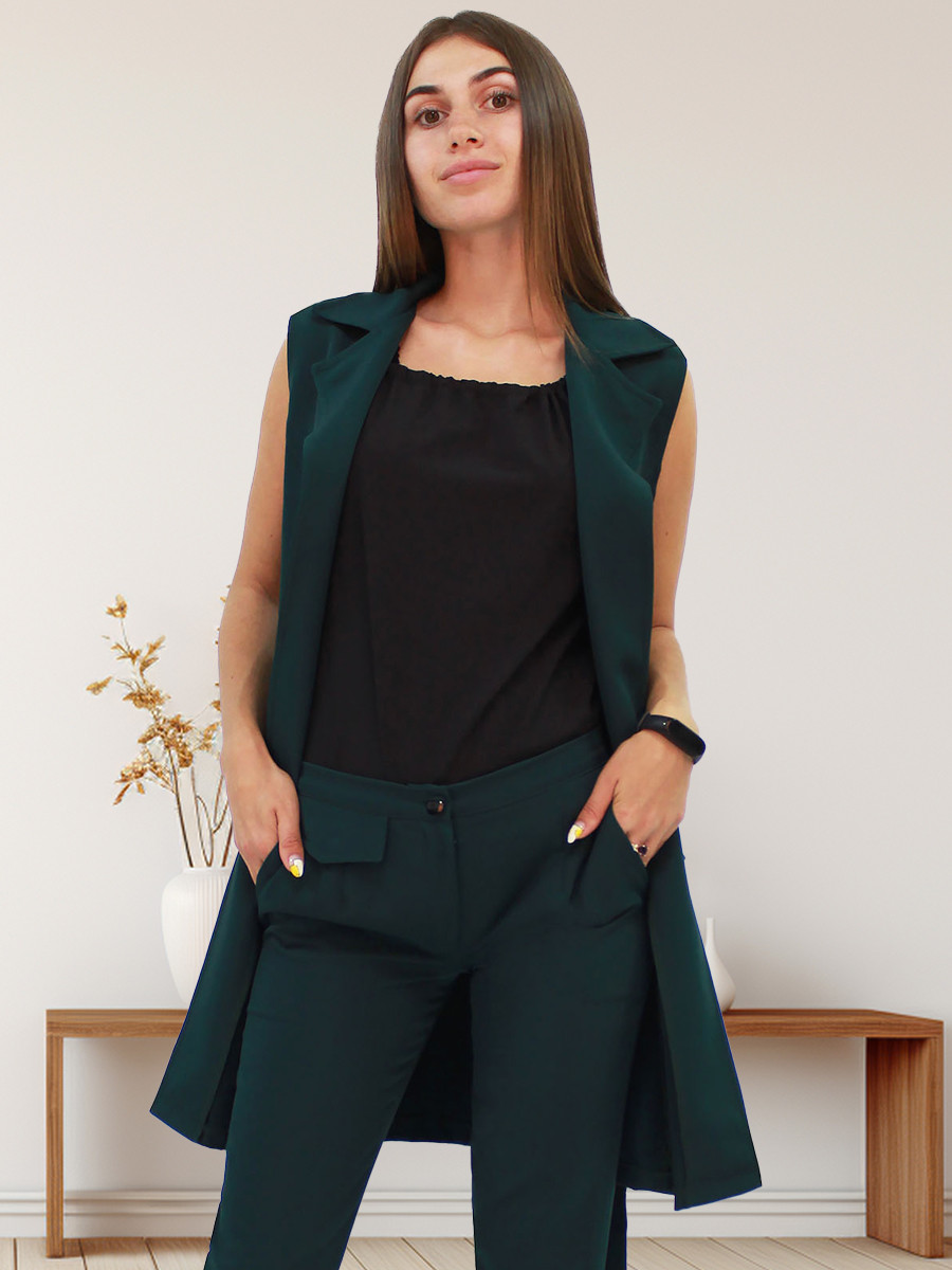 Жіночий класичний брючний подовжений костюм Endru, темно-зелений, фото 1