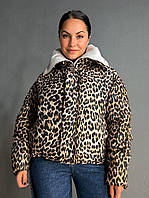 Куртка жіноча Joy one 8318 пуффер комір стійка коротка леопардовий принт коричнева, коричневий, M
