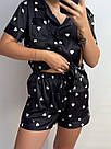 Піжама жіноча ШОВК сорочка+шорти ЧОРНА В БІЛІ СЕРЦЯ 052/21, фото 2