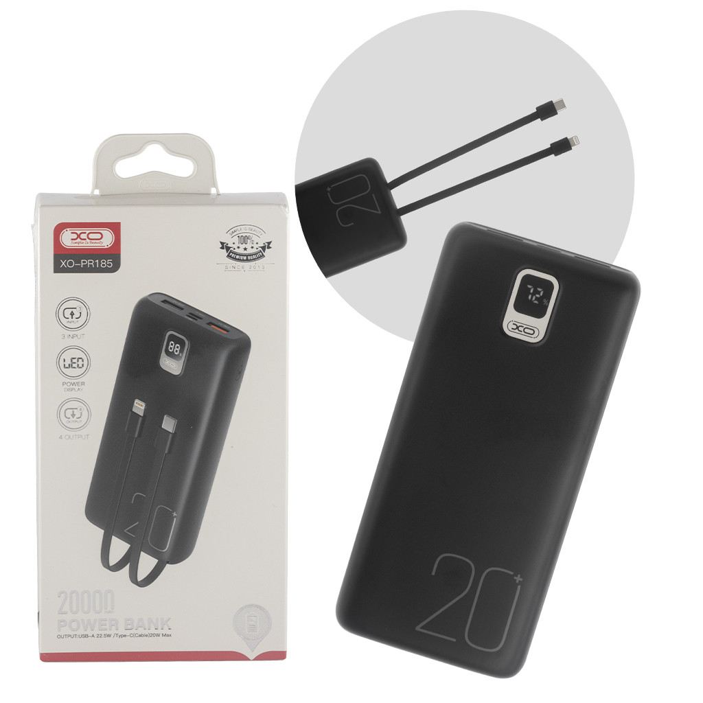 Повербанк (УМБ) XO PR185, 20000 mAh, 2USB + Type-C, Quick Charge, 22.5W, (з кабелями Type-C, Lighting), фото 1