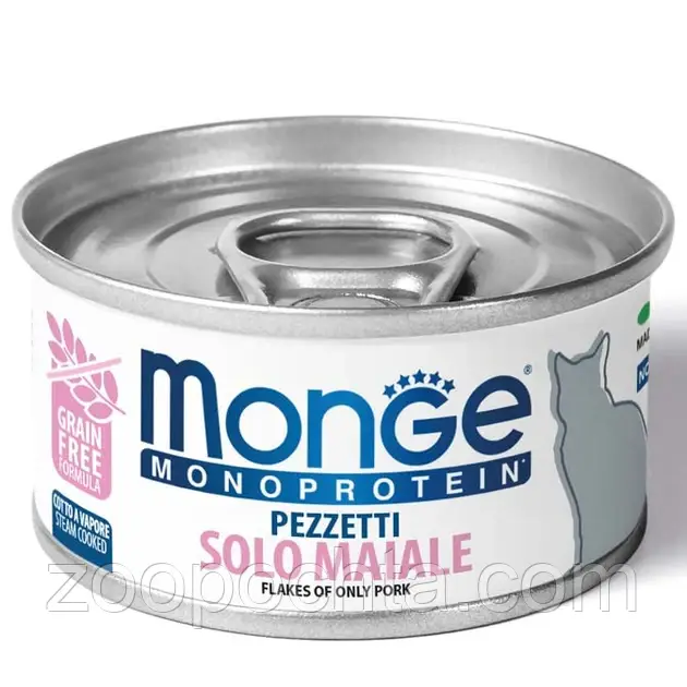 Вологий корм для котів Monge Cat Monoprotein м'ясні пластівці свинина 80 гр, фото 1