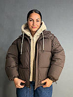 Куртка жіноча Lady Yep 8096 оверсайз з капюшоном і хутром тедді коричнева, коричневий, 42