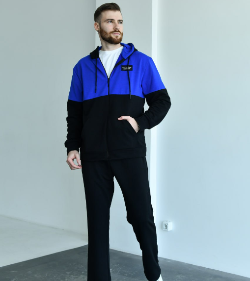 Якісний чоловічий спортивний костюм з прямими штаньми чорний з синім костюм для повних чоловіків 48-66, фото 1
