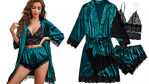 Жіночий піжамний комплект для сну, короткий халат з пеньюаром, топ і шорти темно зелений