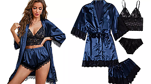 Синій комплект для сну з халатом, шортами, топом і трусиками