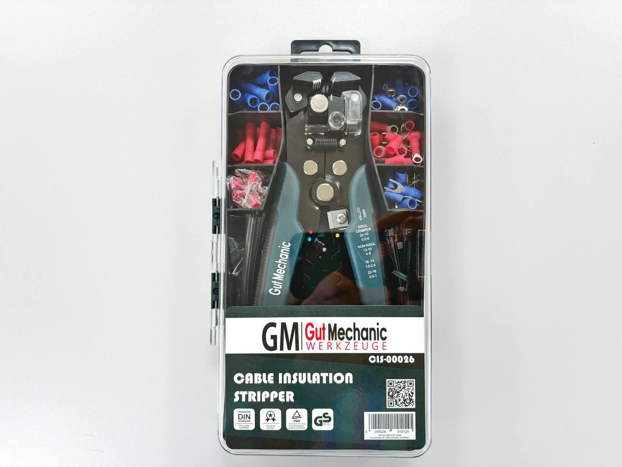 Щипці обжимні для зняття ізоляції з проводів GUT MECHANIC 0.2-6MM+ набір хомутів, гільз та наконечників, фото 1
