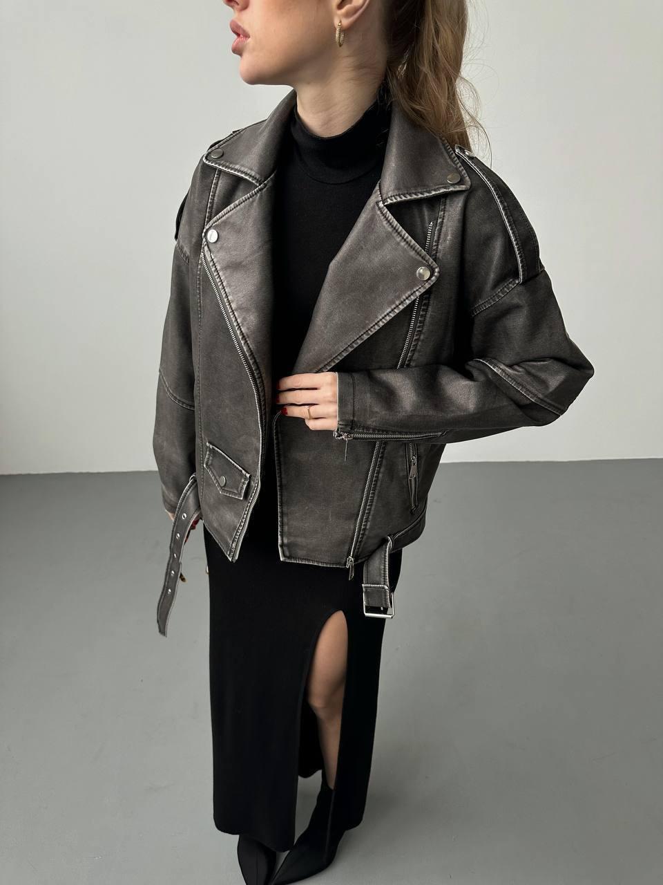 Жіноча шкіряна куртка косуха у вінтажному стилі оверсайз з відкладним коміром (р. 42-52) 33KU1291, фото 1