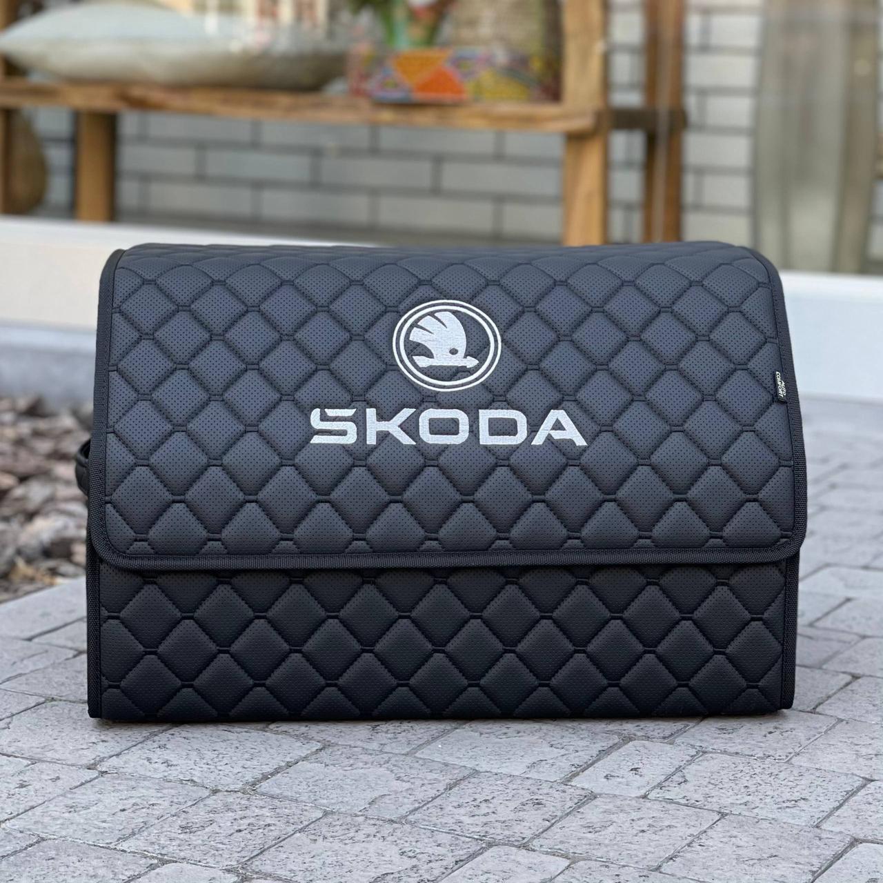 Органайзер у багажник з логотипом Skoda з екошкіри, чорний 50 см, автомобільний органайзер, фото 1
