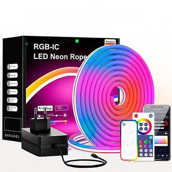 Неонова LED стрічка на 10 м, RGB, Пульт і Bluetooth / Світлодіодне RGB підсвічування / RGB стрічка силіконова