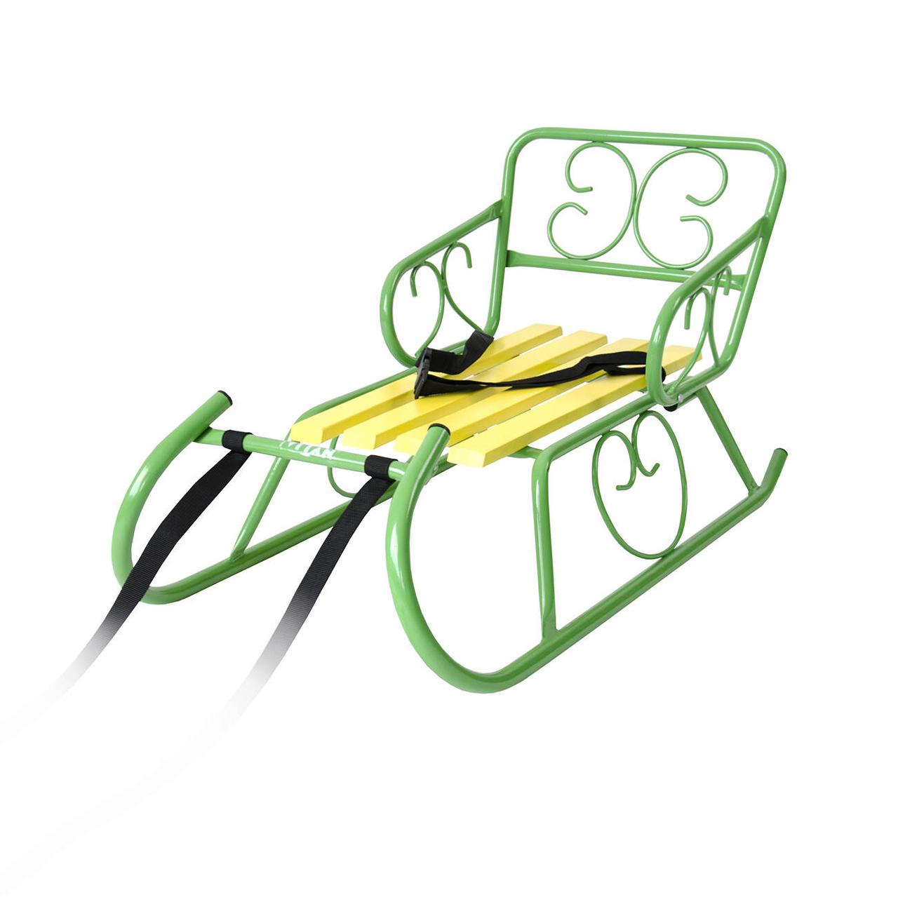 Санки "Смерека" + тяг. ремінь, спинка; до 60кг, салатовий лак, сидіння 55*24см, 96*46*19см, ТМ VITAN, Україна, фото 1