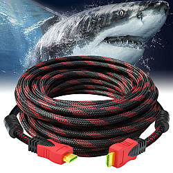 Посилений кабель HDMI-HDMI в обмотці, 15м + 2 фільтри / Кабель мультимедійний / Шнур для відео