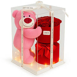 Подарунковий набір Ведмедик з букетом квітів 27 см + підсвічування / М'яка іграшка ведмедик у подарунковій коробці