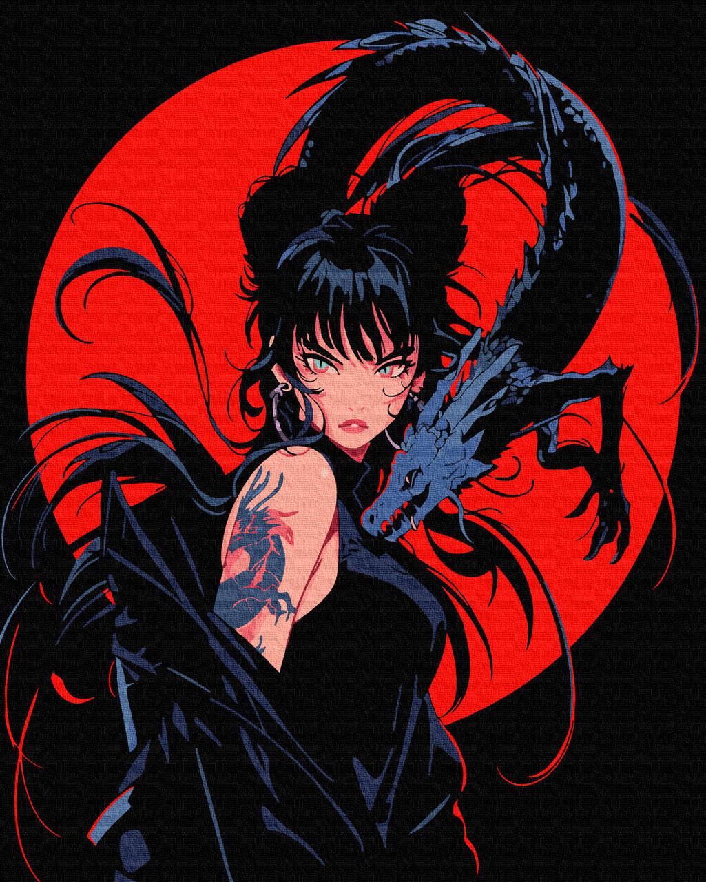 Картина за номерами Дівчина з тату дракона, Black, Metalic/Флуоресцентні, в термопакете 40*50см, ТМ Brushme, Украина, фото 1