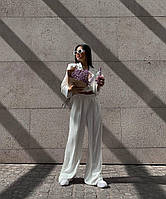 Жіночий костюм двійка брюки палаццо і укорочений піджак Cartell кремовий