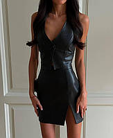 Жіноча міні спідниця з матової еко шкіри на високій посадці Cartell чорна