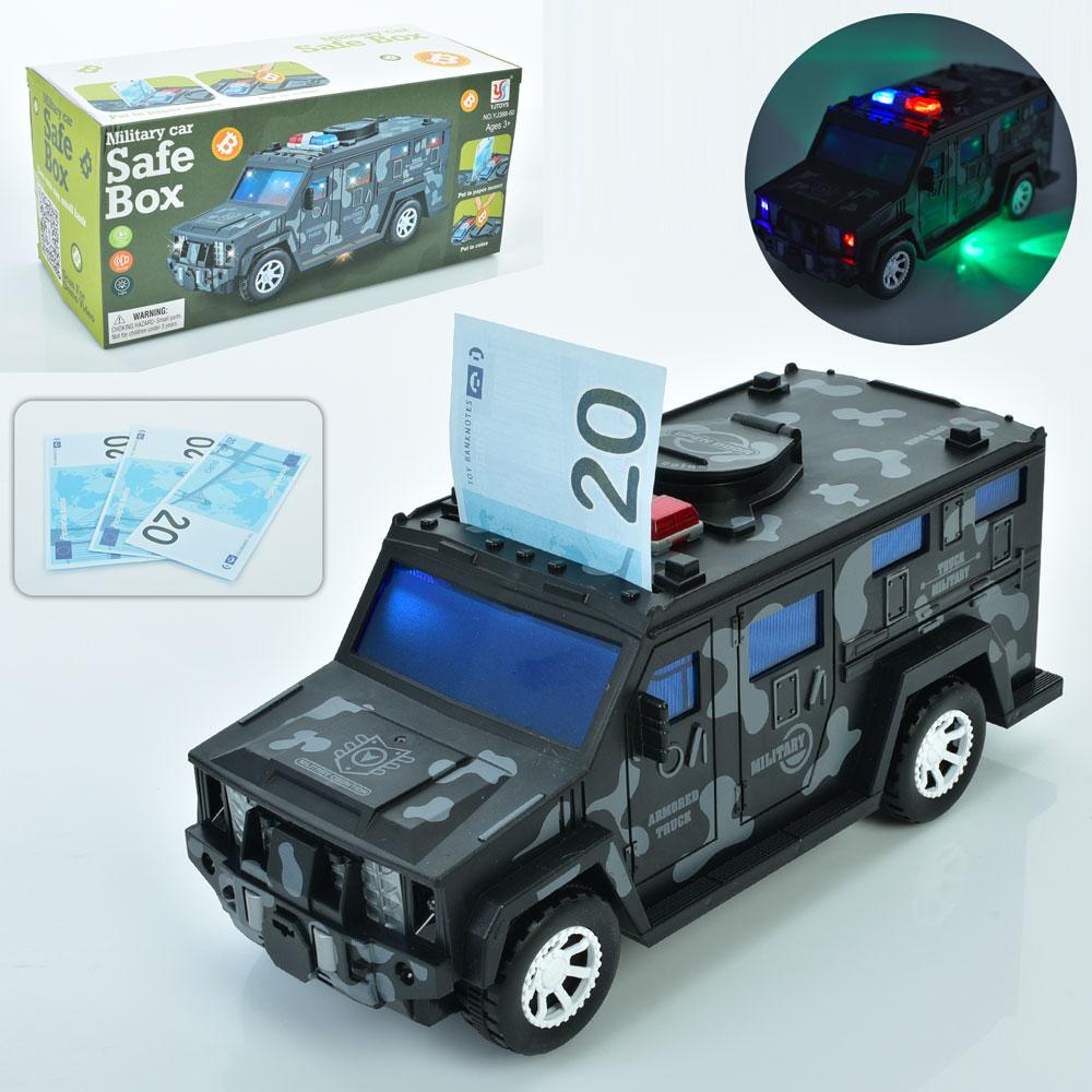 Машина YJ388-60 (18шт) військова, 26см, скарбничка, музика, світло, їздить, гроші, 2 режими, на бат-ці, в, фото 1