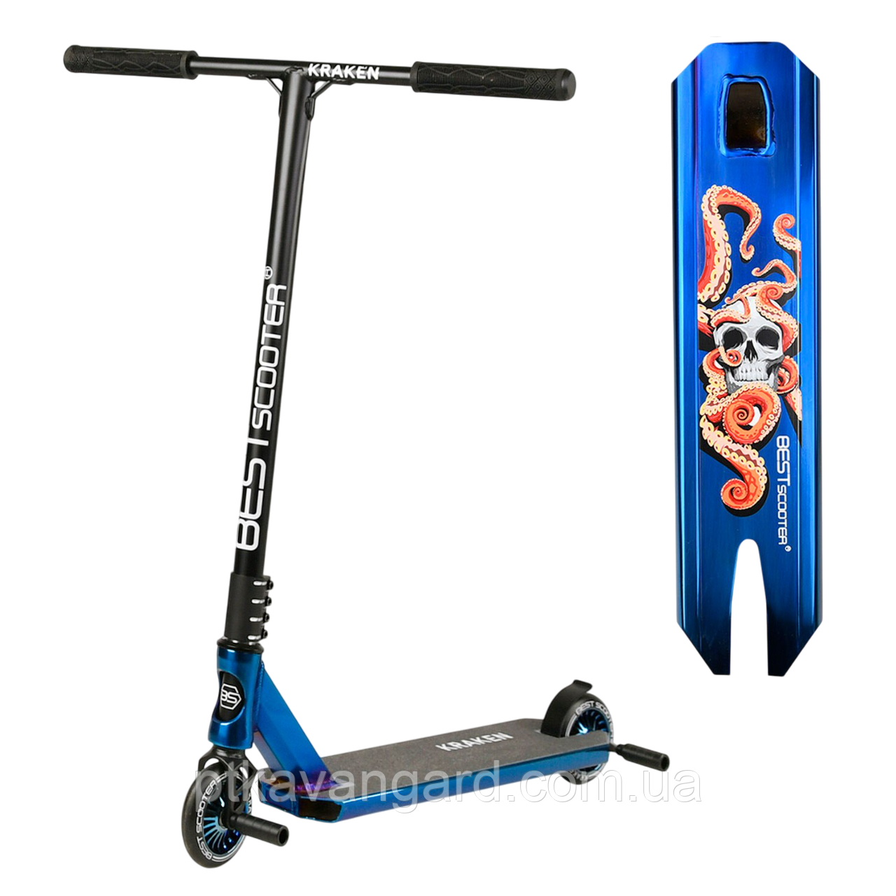 Самокат трюковий Best Scooter Kraken (HIC-система, пеги колеса поліуретан 110см, пряме кермо) синій, фото 1