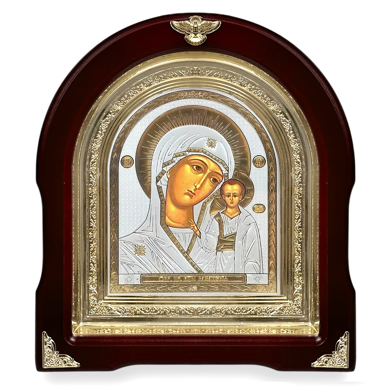 Ікона Пресвята Богородіца Казанська, лік 15х18 см, у темному дерев'яному кіоті, арка, фото 1