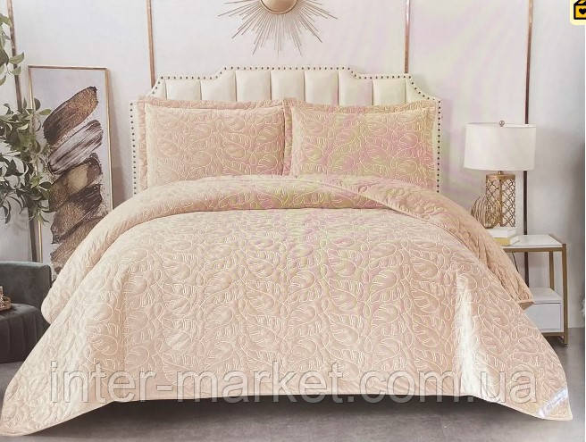 Велюрове покривало 230х250см. з наволочками 50х70см. Стильне покривало на ліжко з вишивкою євро розмір, фото 1