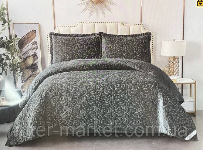 Велюрове покривало 230х250см. з наволочками 50х70см. Стильне покривало на ліжко з вишивкою євро розмір, фото 1