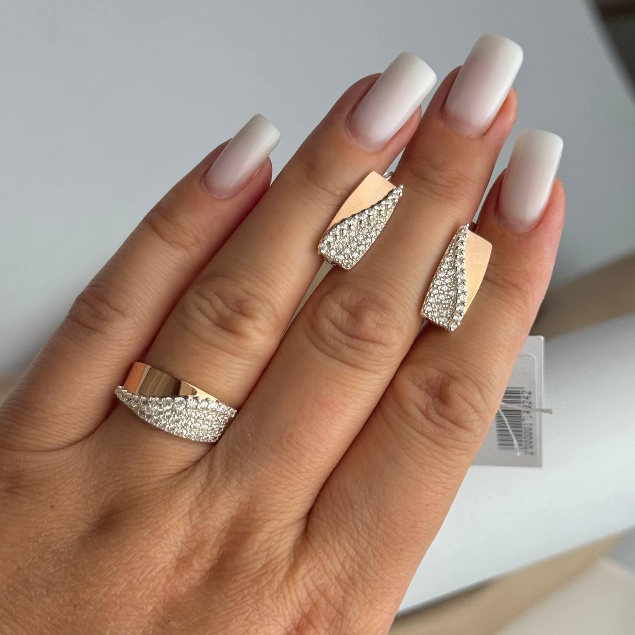 Срібний комплект з золотими пластинами Сережки Каблучка