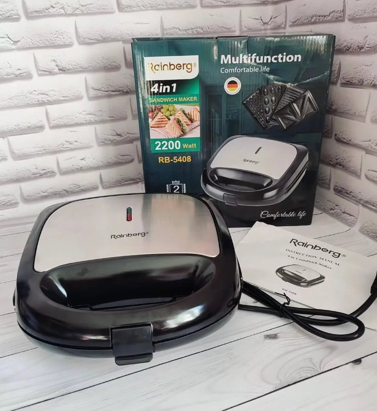 Мультимейкер 4 в 1 Rainberg 2200 Вт — бутербродниця, вафельниця, горішниця, електропристрій для дому з насадками, фото 1