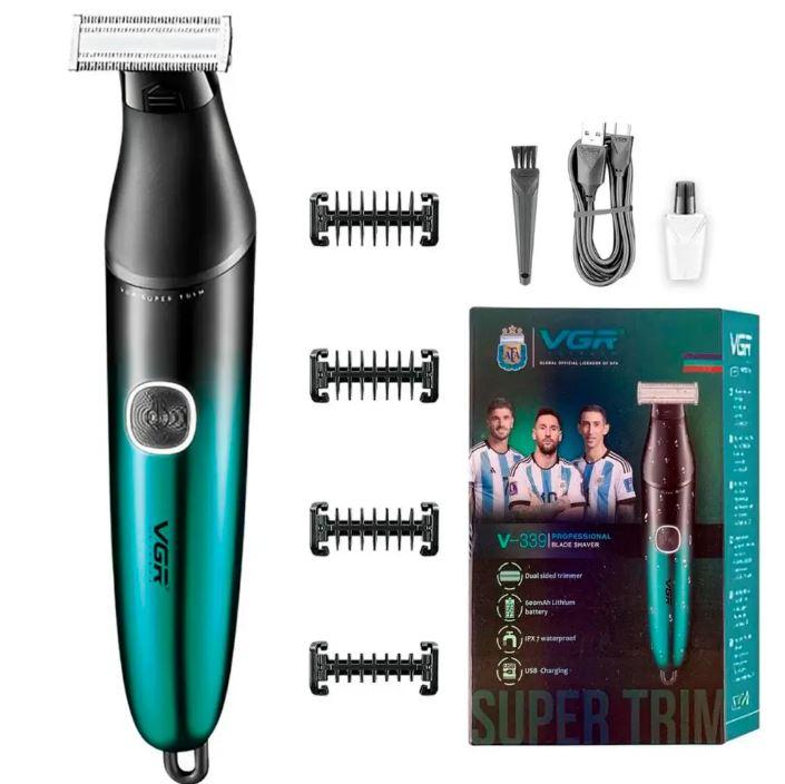 Бритва-тример для стрижки бороди та вусів VGR V-339 GREEN, 4 насадки, водонепроникна акумуляторна