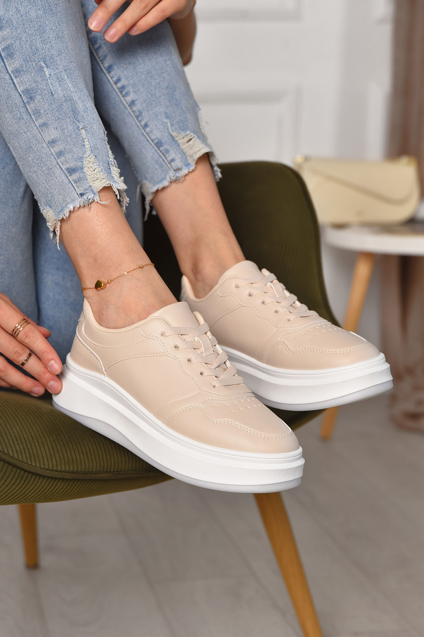 Кросівки жіночі бежевого кольору на шнурівці 176822T Безкоштовна доставка, фото 1