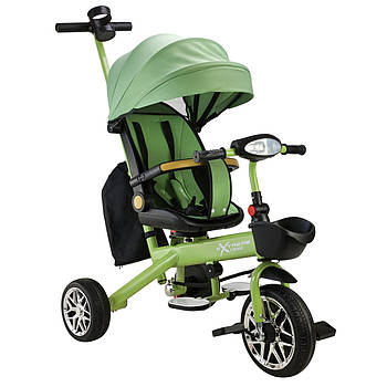 Велосипед триколісний з батьківською ручкою (колеса PU, звук, світло, на батарейках, дах) TR2410 Зелений