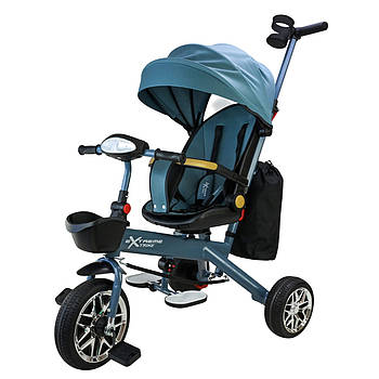 Велосипед триколісний з батьківською ручкою (колеса PU, світло, звук, дах, на батарейках) TR2412 Блакитний