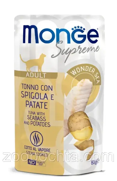 Вологий корм для кішок MONGE (Монж) CAT Supreme Adult з тунцем сибасом та картоплею 80 гр, фото 1
