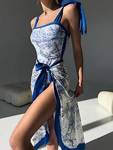 Пляжний комплект жіночий (купальник, парео) - Білий принт