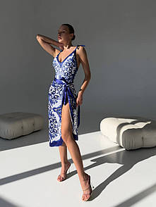 Пляжний комплект жіночий (купальник, парео) - Білий принт