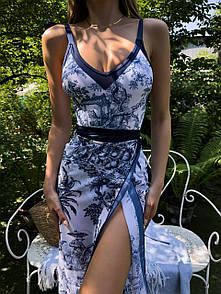 Пляжний комплект жіночий (купальник, парео) - Синій